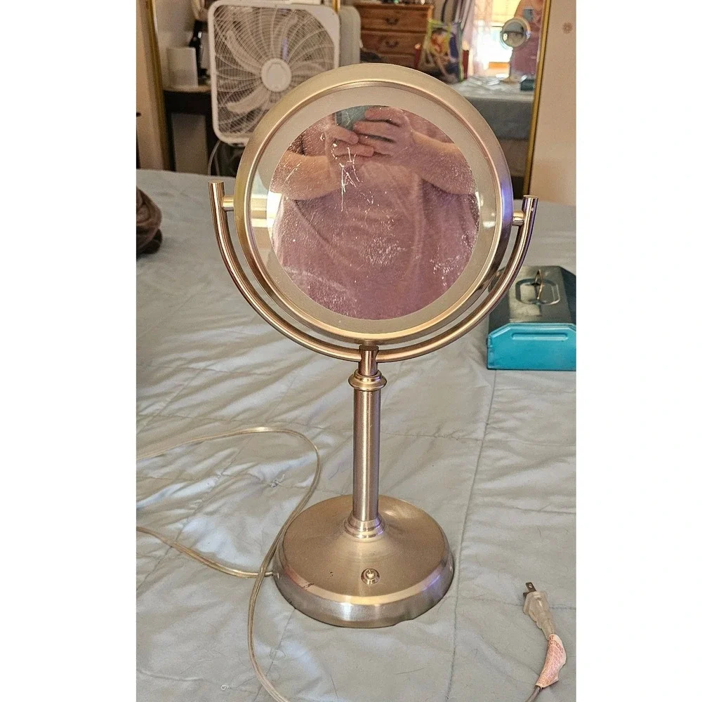 Brushed Nickel Double Sided Lighted Vanity Mirror Tabletop360 Swivel Makeup Lamp
